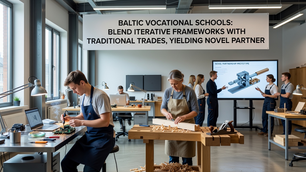Students and instructors reviewing prototype iterations with manufacturing partners inside a vocational training facility in the Baltic region