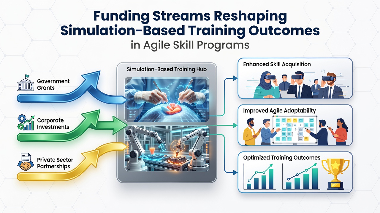 Agile team members collaborating in a funded simulation environment with performance dashboards visible